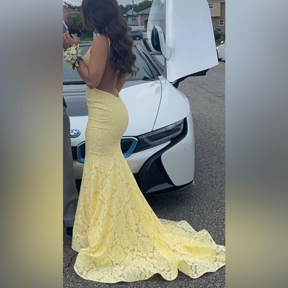 La Femme Yellow Open Back Prom Dress